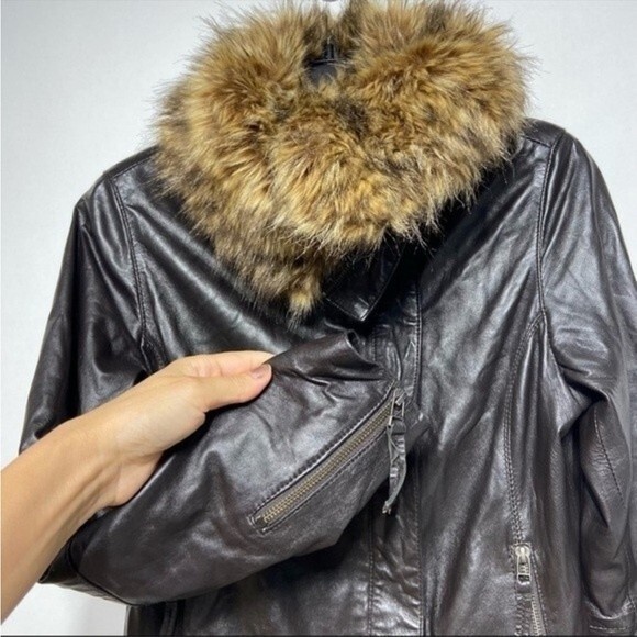 Bod Christensen Brown Leather Moto Jacket with Faux Fur Wide Collar M - Picture 3 of 13
